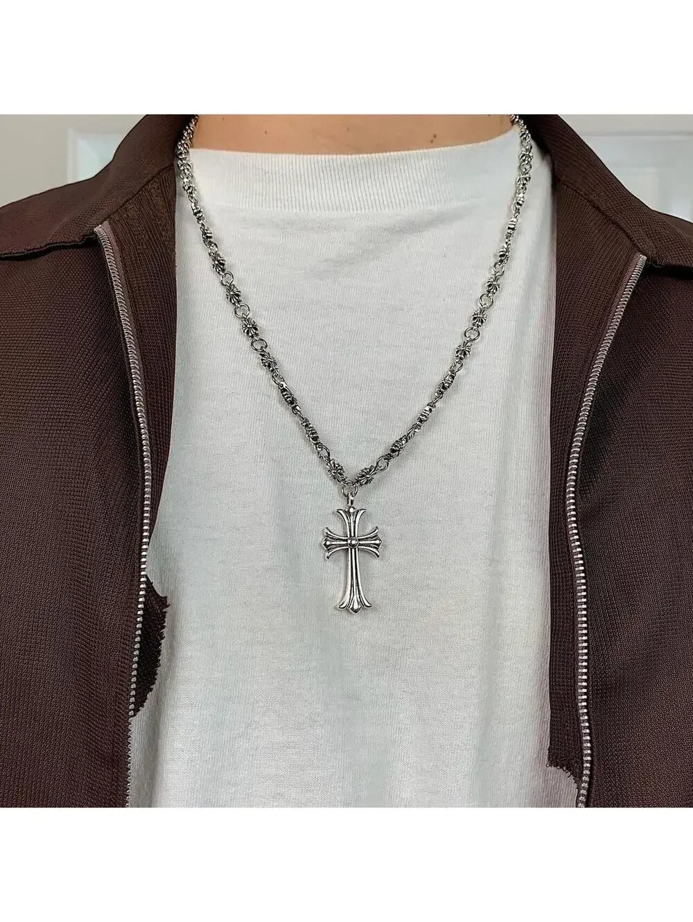 Y2K Silver Cross Necklace 24 Inch Unisex